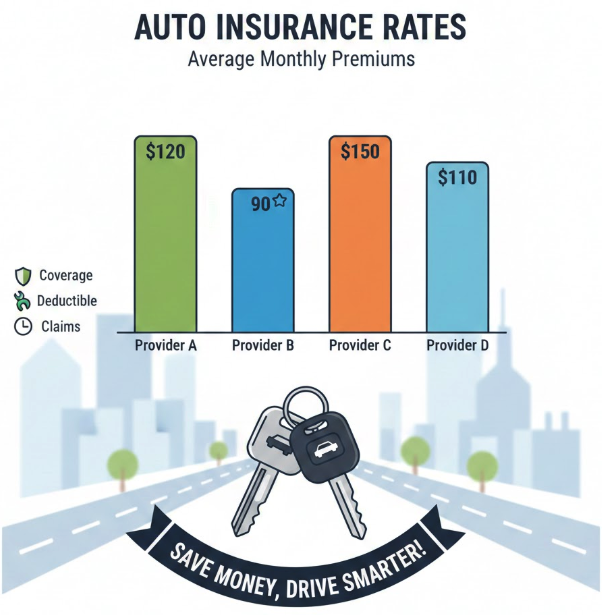 Illustration of various insurance rates comparison chart and car keys